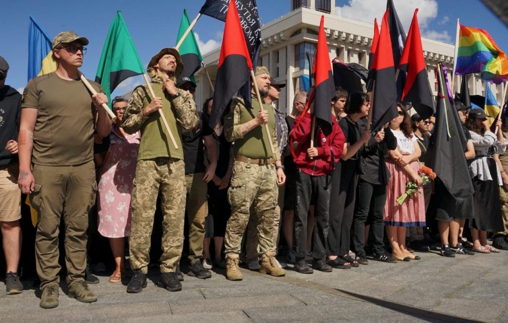 The farewell to the deceased volunteer, artist, and anarchist David Chychkan in the centre of Kyiv, on Independence Square, August 18, 2025.